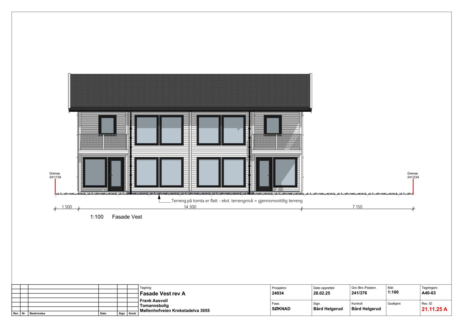 Fasadetegning av bygning sett fra vest med mål og notasjoner.