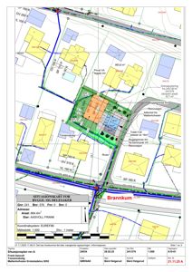 Situasjonskart som viser tomtens grenser, naboeiendommer, veier og bygningers plassering.