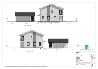 Fasadetegning som viser bygningens utseende sett fra nord og sør med mål og detaljer.