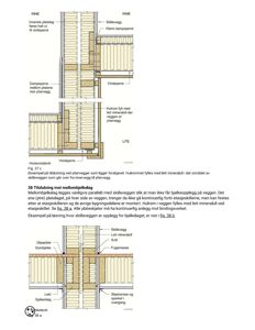 Tegning som viser detaljert oppbygning av en vegg med mellombjelkelag, inkludert materialer som skillevegg, vindsperrer og gulvbjelker.