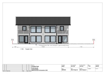 Fasadetegning av en bolig sett fra vest, med mål og notasjoner.