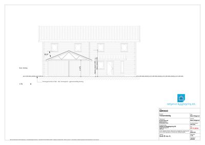 Snittegning av en tomannsbolig som viser fasade, takform og høyder.