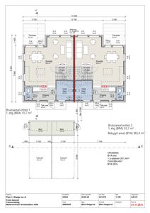 Etasjeplan for to boligenheter (1. etg) med romfordeling, mål og arealoppsett.