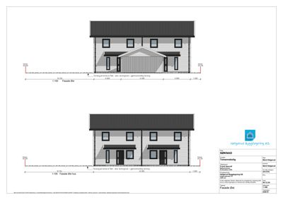 Fasadetegning som viser fronten av en toetasjes bolig sett fra øst.