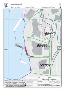 Situasjonsplan som viser tomtene 50/449, 50/663 og 50/602 ved Vestpollvegen 147, inkludert vannkropp, vei (Syvåkerveien) og topografi.