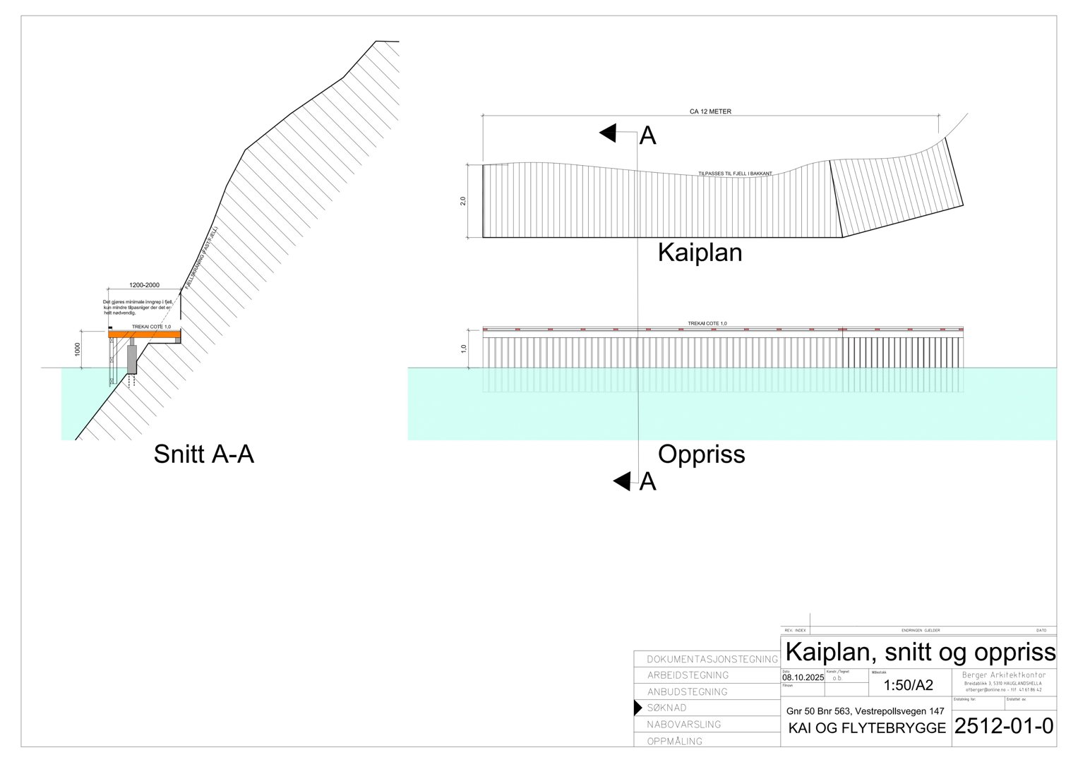 Tegning som viser et snitt (Snitt A-A) og et oppriss (Kaiplan) av en kai eller bryggeanlegg.