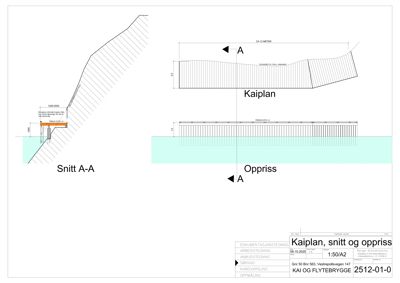 Tegning som viser et snitt (Snitt A-A) og et oppriss (Kaiplan) av en kai eller bryggeanlegg.