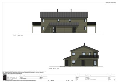 Fasadetegning som viser bygningens utseende fra nord og vest.