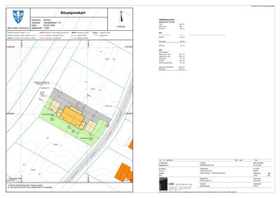 Situasjonskart som viser eiendomsnummer, adresse, datert 04.02.2020, med målestokk 1:500, og detaljer om areal (BTA, BRA, RGA), bygningens plassering på tomt, samt nabolag og infrastruktur.