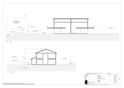 Snittegning som viser bygningens tverrsnitt, høyder og forhold til terreng.