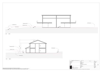 Snittegning som viser tverrsnitt gjennom en bygning med angivelse av høyder, nivåer og konstruksjon.