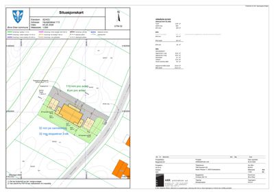 Situasjonskart som viser eiendomsnummer, adresse, datert 04.02.2026, med detaljer om grunnareal, byggefelt og plassering av eksisterende/planlagt bebyggelse.