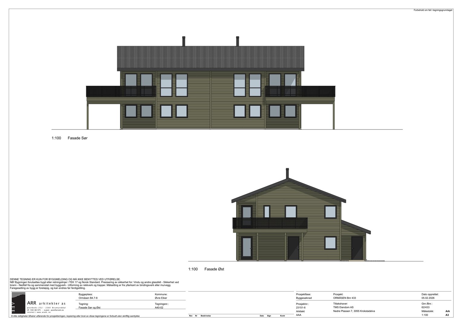 Fasadetegning som viser bygningens utseende fra sør og øst.