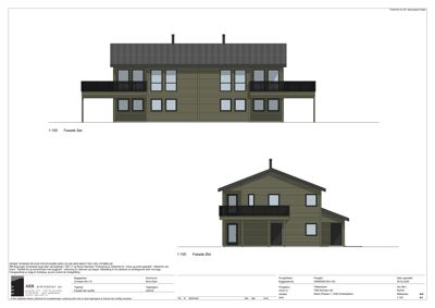 Fasadetegning som viser bygningens utseende fra sør og øst.