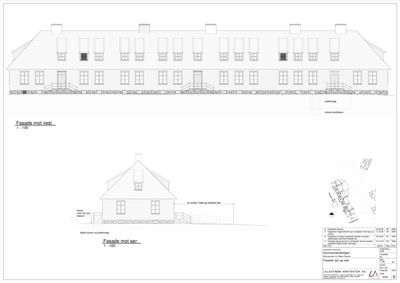 Fasadetegning som viser bygningens utseende fra vest og sør, inkludert vinduer, dører og takform.