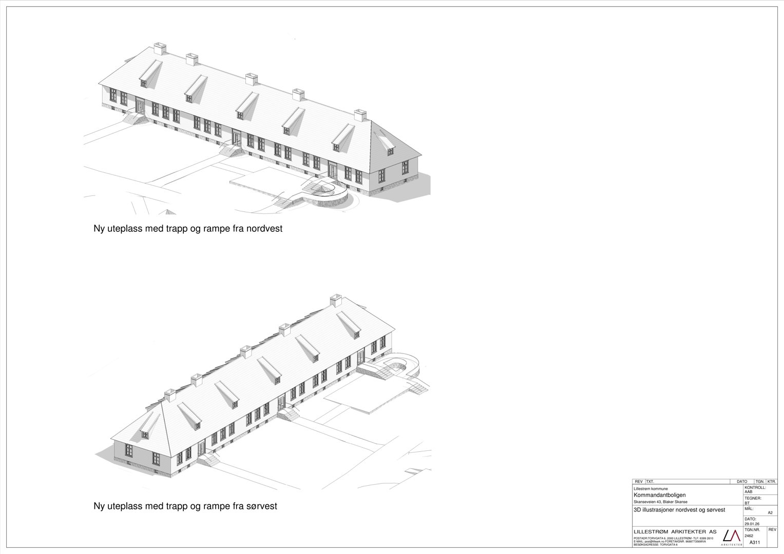 3D-visualisering (skisse) av en bygning med ny uteplass sett fra nordvest og sørvest.