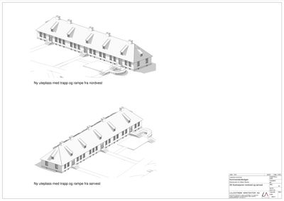 3D-visualisering (skisse) av en bygning med ny uteplass sett fra nordvest og sørvest.