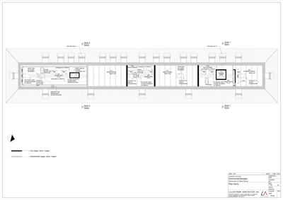 Snittegning (tverrsnitt) som viser bygningens indre oppbygging, veggtykkelse og romfordeling sett fra siden.