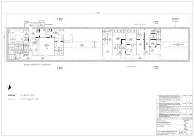 Etasjeplan (1. etasje) som viser romfordeling, veggtyper og dimensjoner for en bygning.
