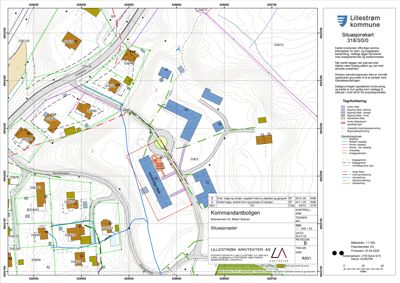 Situasjonsplan for 'Kommandantboligen' i Lillestrøm kommune, som viser tomtens beliggenhet, omgivende infrastruktur og eksisterende bygninger.