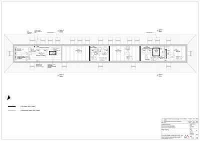 Etasjeplan (snitt) som viser romfordeling, møblering og veggkonstruksjoner for et kontor- eller undervisningsrom.