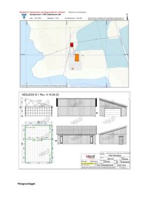 Bildet viser en tegning med fasadeopprikk (front- og sideutsyn) samt en planutsnitt for en bygning.