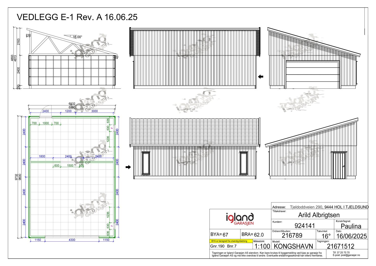 Fasadetegning som viser bygningens utsyn fra tre ulike vinkler (front, side og skrå), inkludert takform, vindus- og døråpninger samt fasadematerialer.