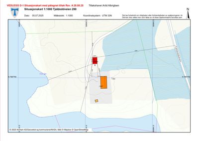Situasjonskart som viser tomtens beliggenhet, omgivende terreng (konturlinjer), vann (Vikran), vei (Tjeldoddeveien) og påtegnet tiltak (bygninger).