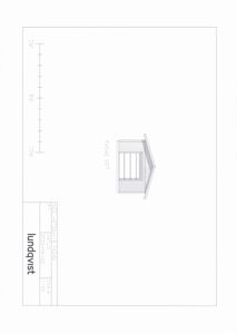 Fasadetegning (opprikk) av en liten bygning sett fra vest.