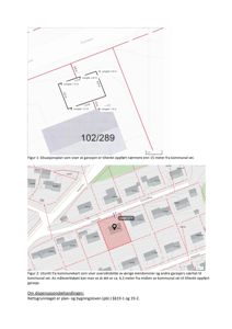 Bildet viser to situasjonsplaner (Figur 1 og Figur 2) som illustrerer eiendomsforhold, avstander til vei og plassering av en garasje i forhold til naboeiendommer.