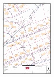 Situasjonsplan som viser eiendomsinndeling, vegnett og infrastruktur i Fauske kommune.