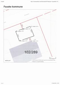 Kart fra Norkart som viser eiendomsgrenser, eiendomstall (102/289) og nabolag.