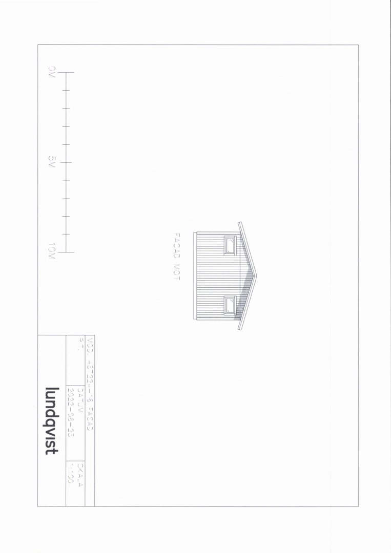 Fasadetegning (opprikk) av en liten bygning sett fra øst.