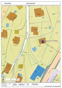 Kartutsnitt (situasjonsplan) som viser eiendomsgrenser, bygninger, vegnett og høydemålerlinjer for Gamle Songevei 86 i Arendal.