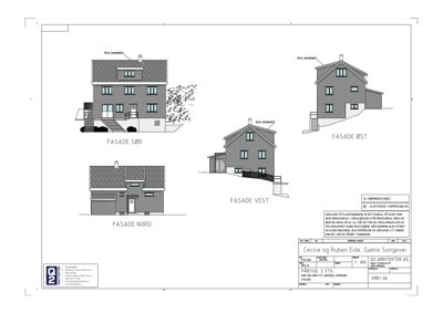Fasadetegning som viser bygningens utseende fra fire sider (Nord, Sør, Vest, Øst).