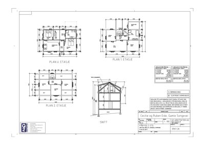 Bildet viser et arkitekttegnet arkivblad som inneholder etasjeplaner (Plan 1. etasje, Plan 2. etasje, Plan U. etasje), et snitt (Snitt) og arealopplysninger for en bygning.