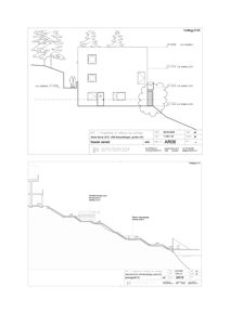 Snittegning som viser bygningens høydeprofil, terrassering og grunnforhold.