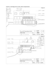 Fasadetegning som viser bygningens utseende sett fra nordvest og nordøst, inkludert vinduer, takform og terrengforhold.