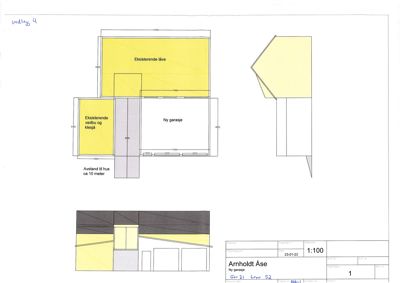 Fasadetegning som viser oppriss av en ny garasje og eksisterende lavvegg sett fra siden.