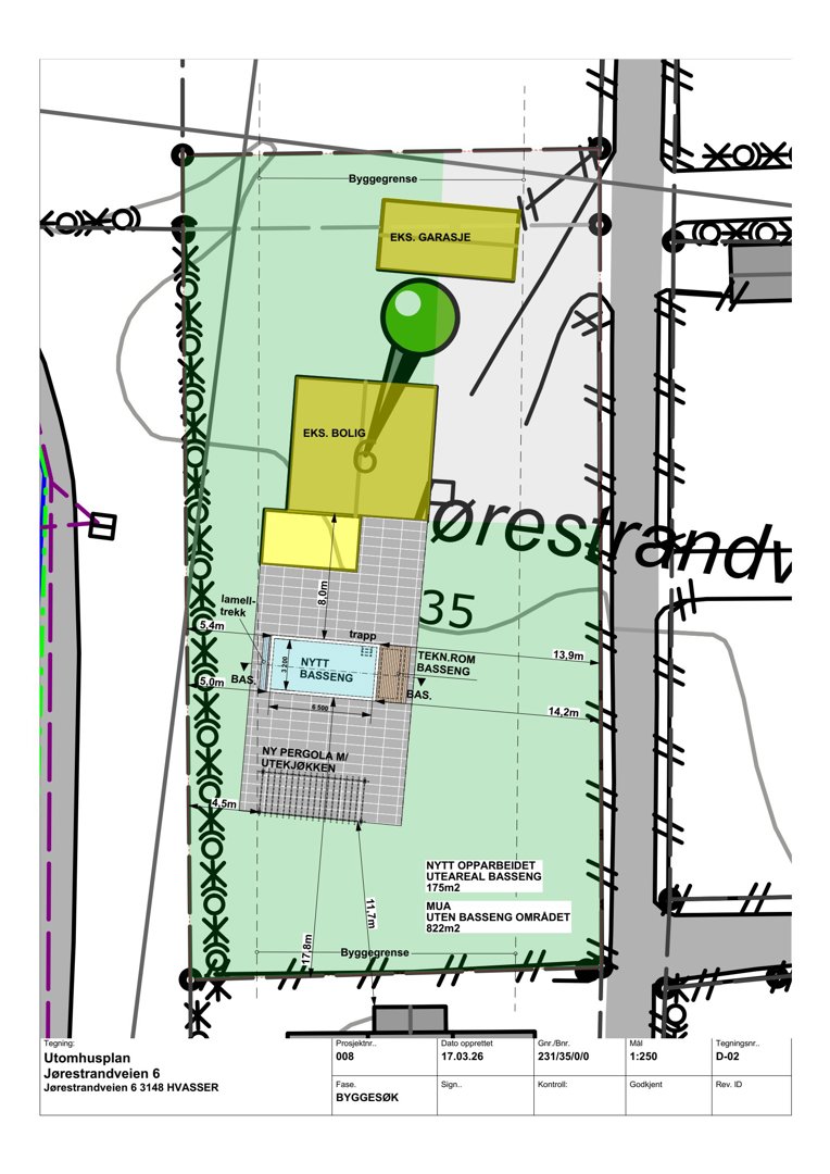 Situasjonsplan som viser tomtens grenser, eksisterende og nye bygninger (bolig, garasje), bassengområde, pergola og tilstøtende infrastruktur.
