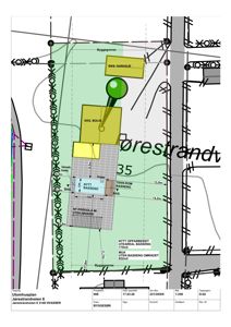 Situasjonsplan som viser tomtens grenser, eksisterende og nye bygninger (bolig, garasje), bassengområde, pergola og tilstøtende infrastruktur.