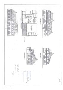 En tegning som viser etasjeplan (romfordeling) og fasadeopprikk for en bygning.