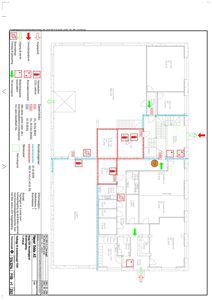 Etasjeplan (1. etasje) som viser romfordeling, arealer, dører, vinduer og tekniske installasjoner.