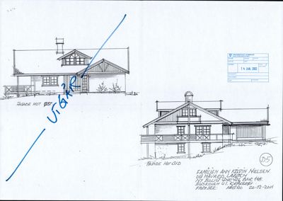 Tegning som viser fasaden (framsiden) av en bygning sett fra fronten.