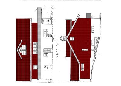 Fasadetegning (opprikk) av en bygning sett fra vest, med tegnet tak og vindusforhold.