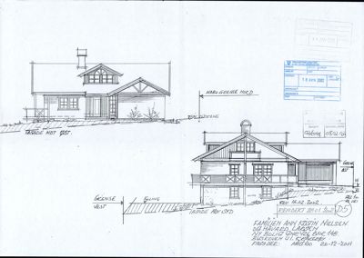 Fasadetegning som viser bygningens utseende fra fire sider (øst, vest, nord, syd) med mål og grenser.