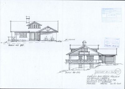 Fasadetegning av en bolig sett fra to ulike vinkler (mot øst og mot syd).