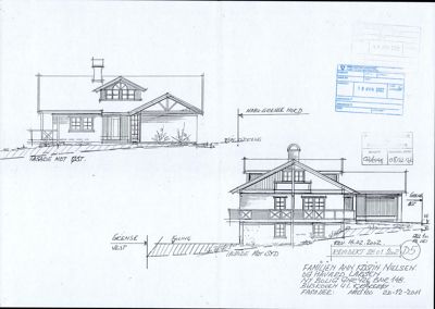 Tegning som viser fasader (opprikk) av en bygning sett fra ulike vinkler.