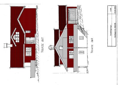 Fasadetegning som viser bygningens utseende fra øst og sør, inkludert takform, vinduer, dører og fargevalg.