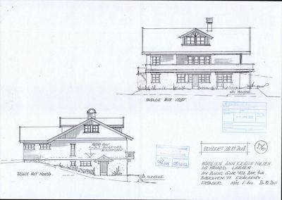 Tegning som viser fasadeopprikk for en bygning sett fra to ulike vinkler (mot vest og mot nord).
